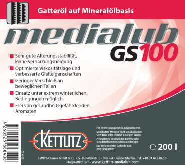 KETTLITZ-Medialub GS 100  Sägegatteröl - Spezialschmierstoff auf Mineralölbasis  - 200 Liter Fass