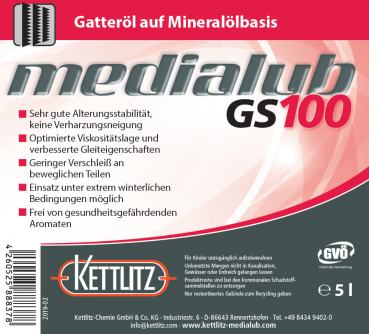KETTLITZ-Medialub GS 100  Sägegatteröl - Spezialschmierstoff auf Mineralölbasis  - 5 Liter Gebinde