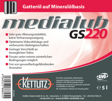 KETTLITZ-Medialub GS 220  Sägegatteröl - Spezialschmierstoff auf Mineralölbasis  - 5 Liter Gebinde