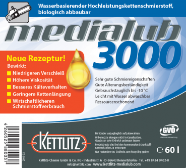 KETTLITZ-Medialub 3000 Wasserbasierendes Kettenöl- 60 Liter Fass - NEUE REZEPTUR