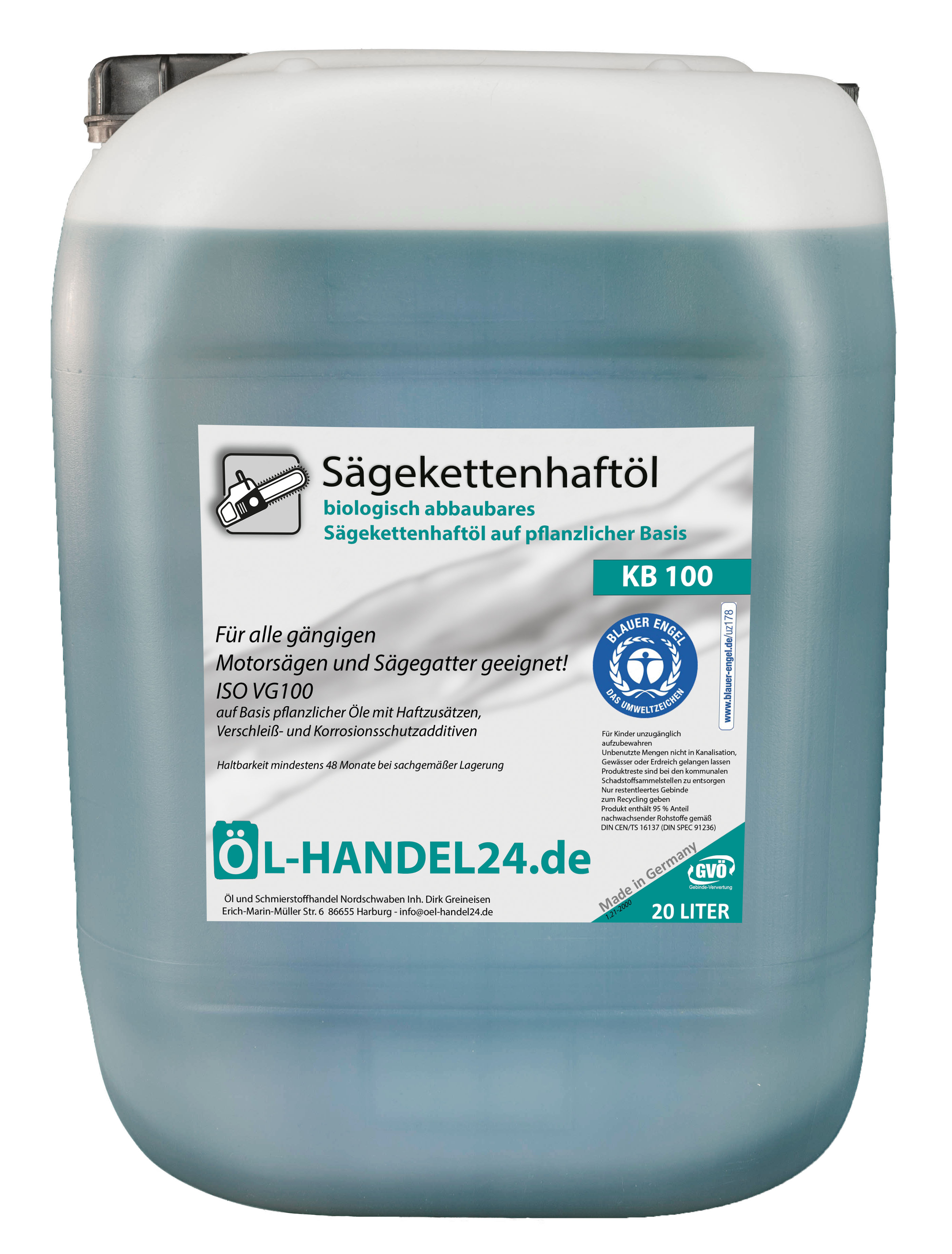 Bio Kettenöl 20 L KB 100 Sägekettenhaftöl Sägekettenöl Haftöl Motorsägenöl  Blauer Engel nach neuester RAL-UZ 178