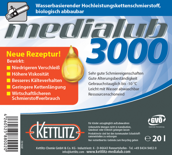 KETTLITZ-Medialub 3000 Wasserbasierendes Kettenöl- 20 Liter Gebinde - NEUE REZEPTUR