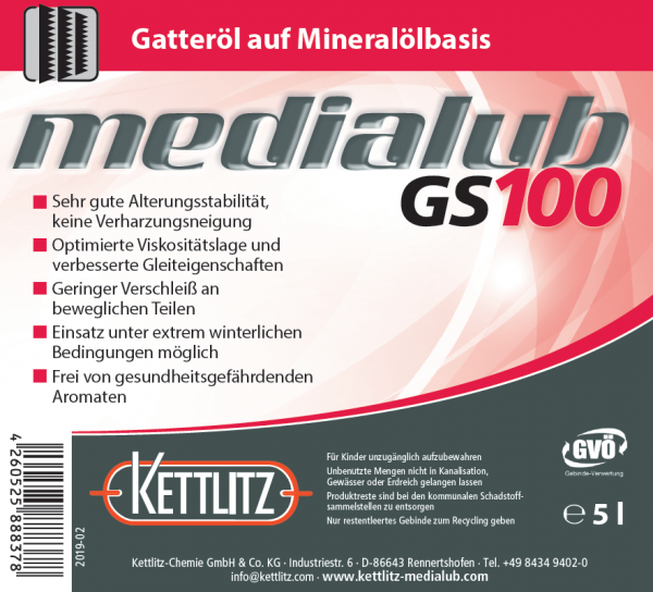 KETTLITZ-Medialub GS 100  Sägegatteröl - Spezialschmierstoff auf Mineralölbasis  - 5 Liter Gebinde