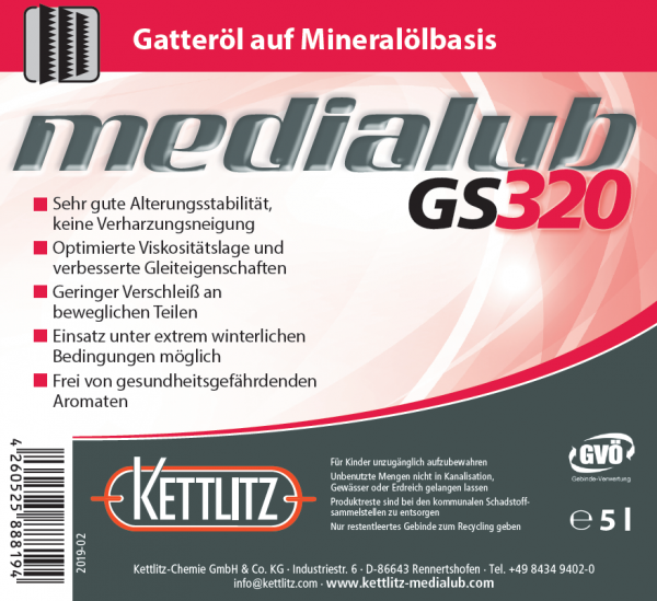 KETTLITZ-Medialub GS 320  Sägegatteröl - Spezialschmierstoff auf Mineralölbasis  - 5 Liter Gebinde