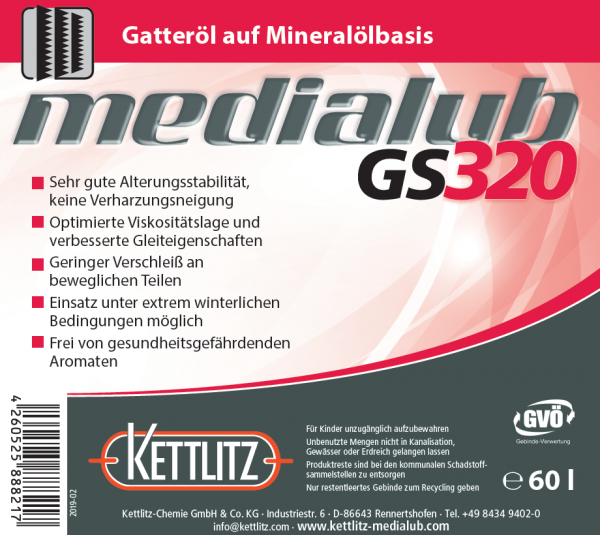 KETTLITZ-Medialub GS 320  Sägegatteröl - Spezialschmierstoff auf Mineralölbasis  - 60 Liter Fass